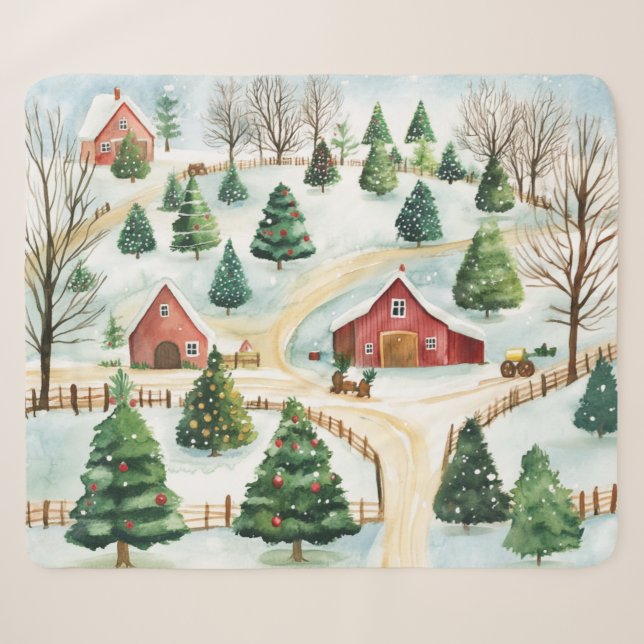 Couverture Sherpa Aquarelle Hiver Paysage rustique avec Fir Trees (Devant (Horizontal))
