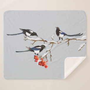 Couverture Sherpa Aquarelle Jardin Oiseaux Magpies Faune Nature Art