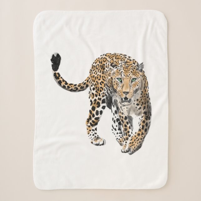 Couverture Sherpa aquarelle léopard jungle chat animal peint vert (Devant)