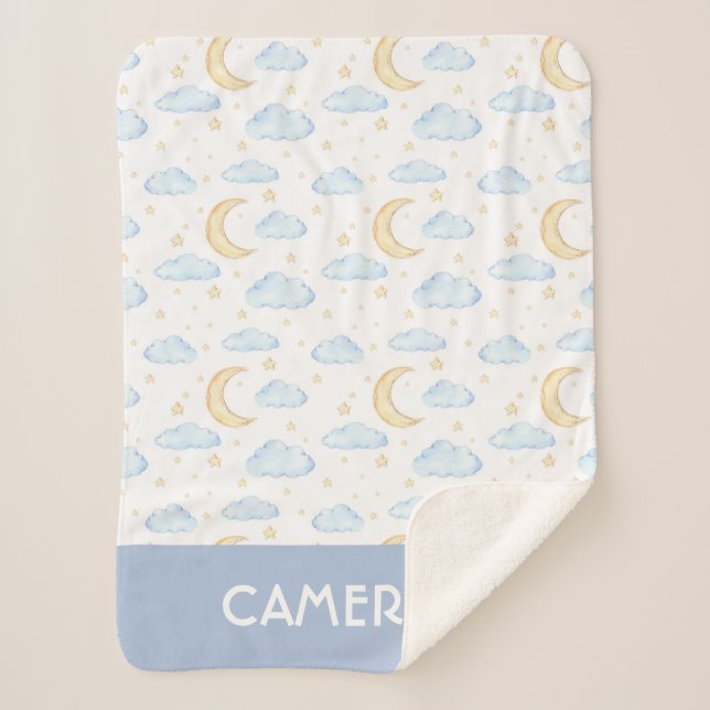 Couverture Sherpa Aquarelle Lune étoiles et nuages Motif (Devant)