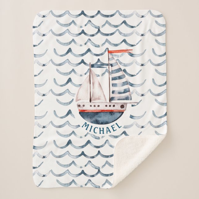 Couverture Sherpa Aquarelle marin rouge et bleu monogramme (Devant)