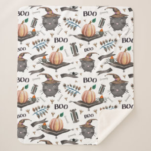 Couverture Sherpa Aquarelle mignonne Halloween Citrouille, Chat, Boo