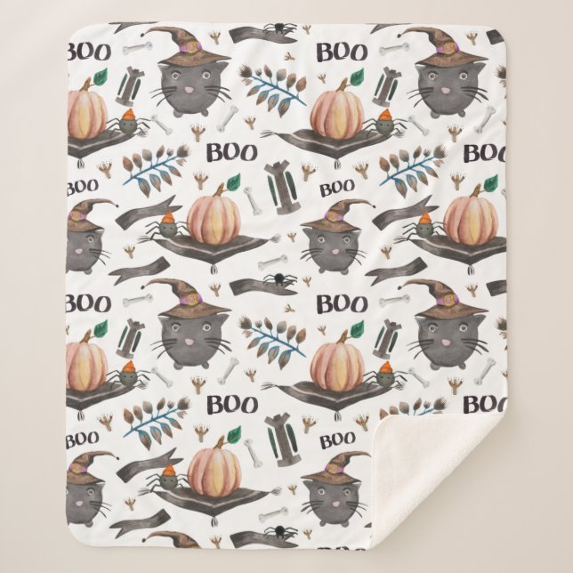 Couverture Sherpa Aquarelle mignonne Halloween Citrouille, Chat, Boo (Devant)
