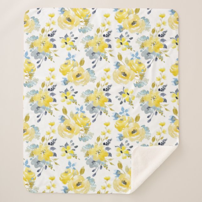 Couverture Sherpa Aquarelle Motif Floral Jaune (Devant)