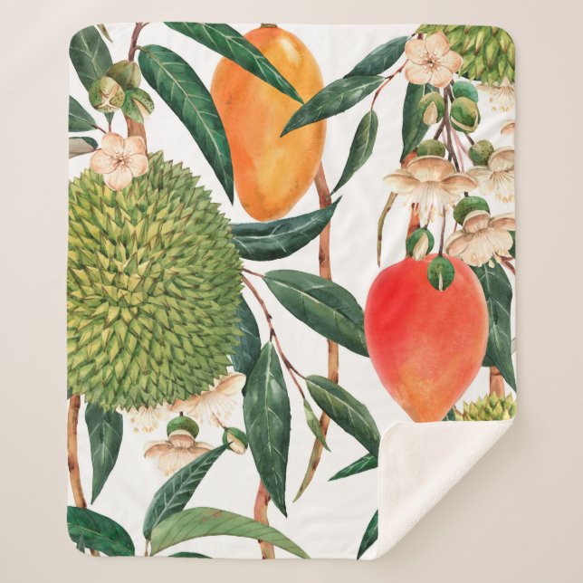 Couverture Sherpa Aquarelle motif tropical, fruit durian, mangue (Devant)