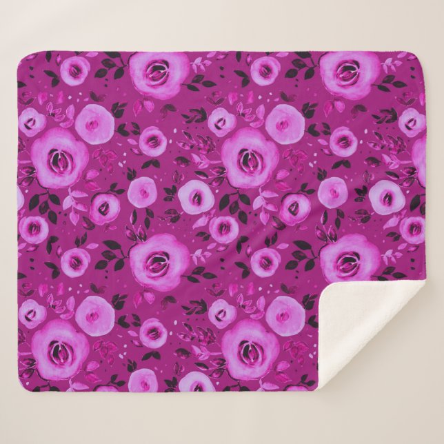 Couverture Sherpa Aquarelle motifs floraux dans Berry Magenta (Devant (Horizontal))