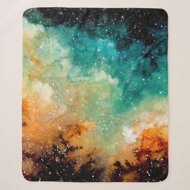 Couverture Sherpa Aquarelle Nebula jaune vif, étoiles et noir (Devant)