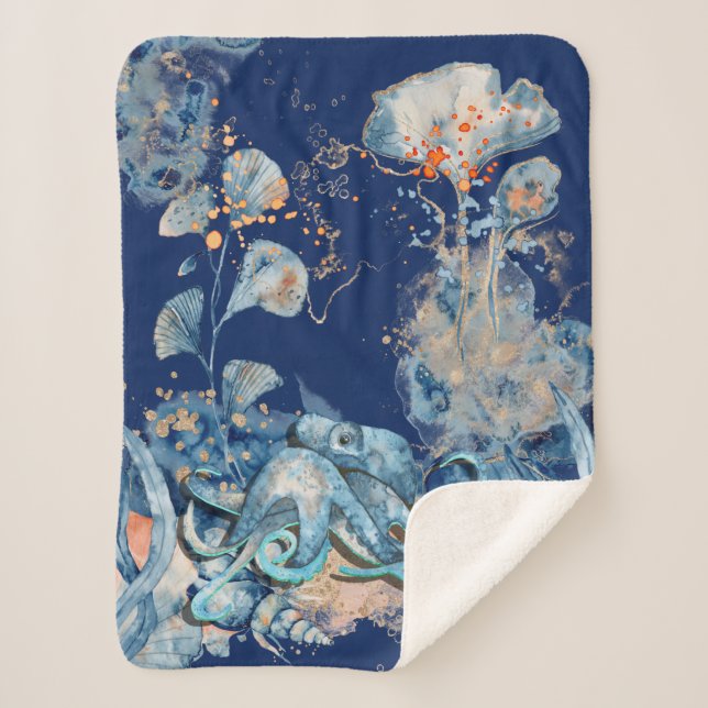 Couverture Sherpa Aquarelle octopus vie marine or orange (Devant)
