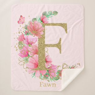 Couverture Sherpa Aquarelle Or et Monogramme Floral Lettre F