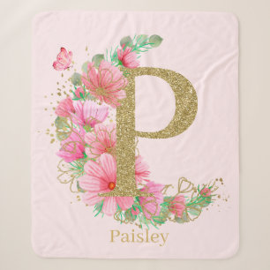 Couverture Sherpa Aquarelle Or et Monogramme Floral Lettre P