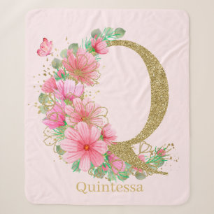 Couverture Sherpa Aquarelle Or et Monogramme Floral Lettre Q