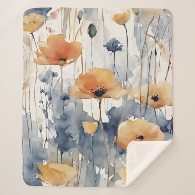 Couverture Sherpa Aquarelle Orange Fleurs Blue Indigo Design 347 (Devant)