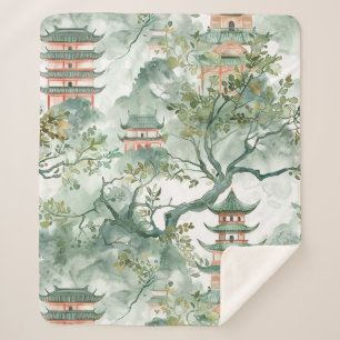 Couverture Sherpa Aquarelle Pagode asiatique dans paysage verdoyant