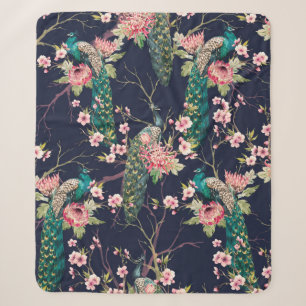 Couverture Sherpa aquarelle paon motif sur une cerise d'arbre, fleur