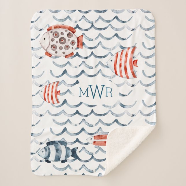 Couverture Sherpa Aquarelle poisson rouge et bleu monogramme (Devant)