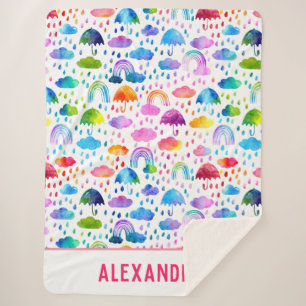 Couverture Sherpa Aquarelle Rainbow Umbrellas Rainy Day Girls