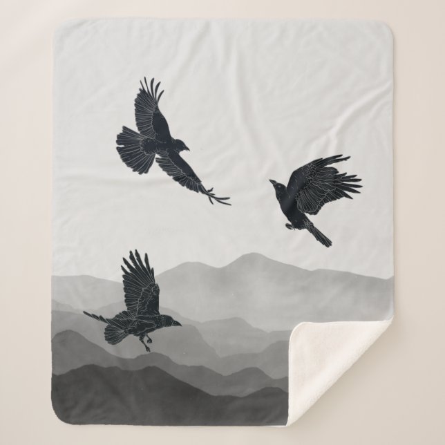 Couverture Sherpa Aquarelle Ravens Corbeaux Oiseaux noirs Faune (Devant)