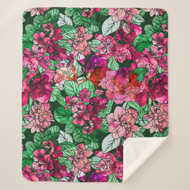 Couverture Sherpa Aquarelle rose Fleurs de Jardin Motif Floral (Devant)