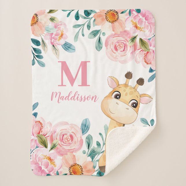 Couverture Sherpa Aquarelle rose Floral avec Monogramme Giraffe (Devant)