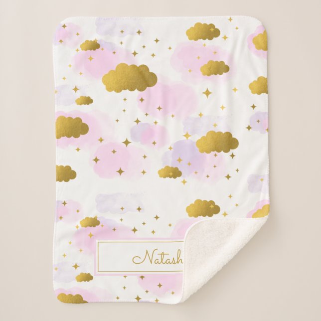 Couverture Sherpa Aquarelle rose Nuages Gold Stars Sky (Devant)