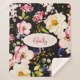 Couverture Sherpa Aquarelle rose Roses jaunes sur noir, Monogramme