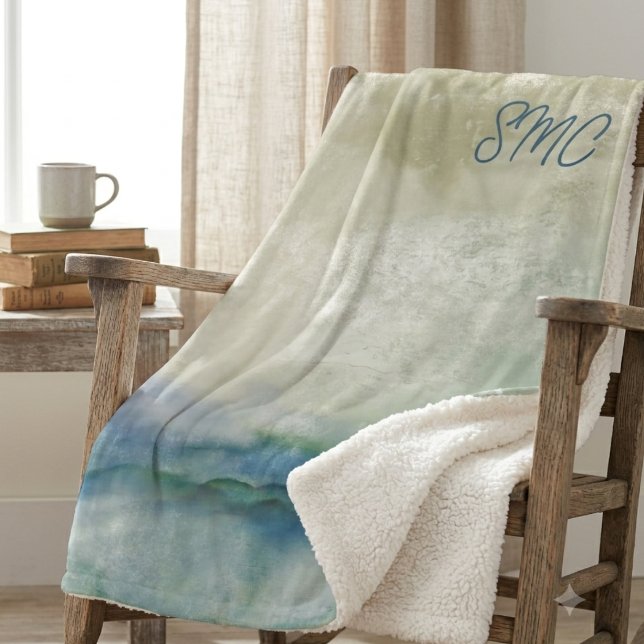 Couverture Sherpa Aquarelle Sérène Abstrait Dégradé Bleu Vert (A tranquil watercolor abstract design, perfect for adding cozy, modern style to your home.)