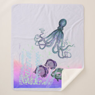 Couverture Sherpa Aquarelle Sous-Mer Poctopes Poissons Océan Vie