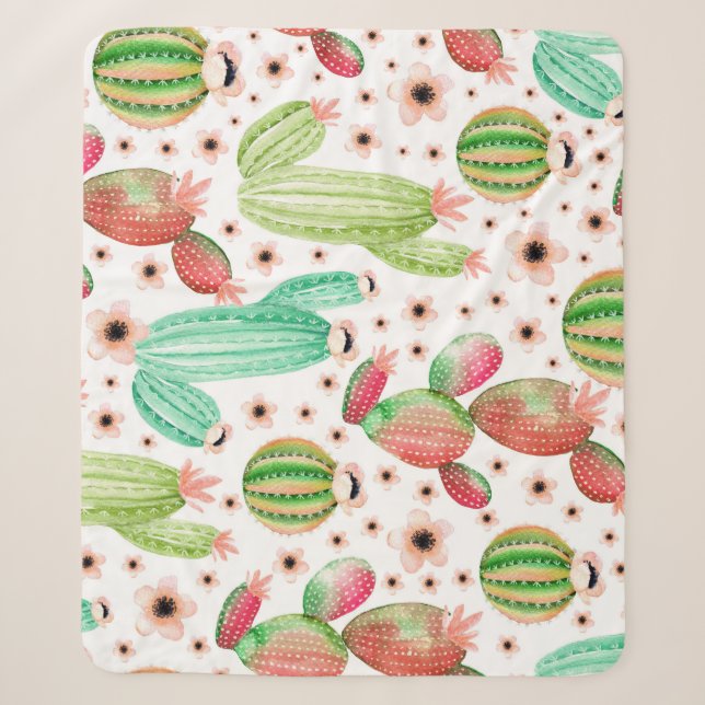 Couverture Sherpa Aquarelle succulents, cactus sans couture motif. (Devant)