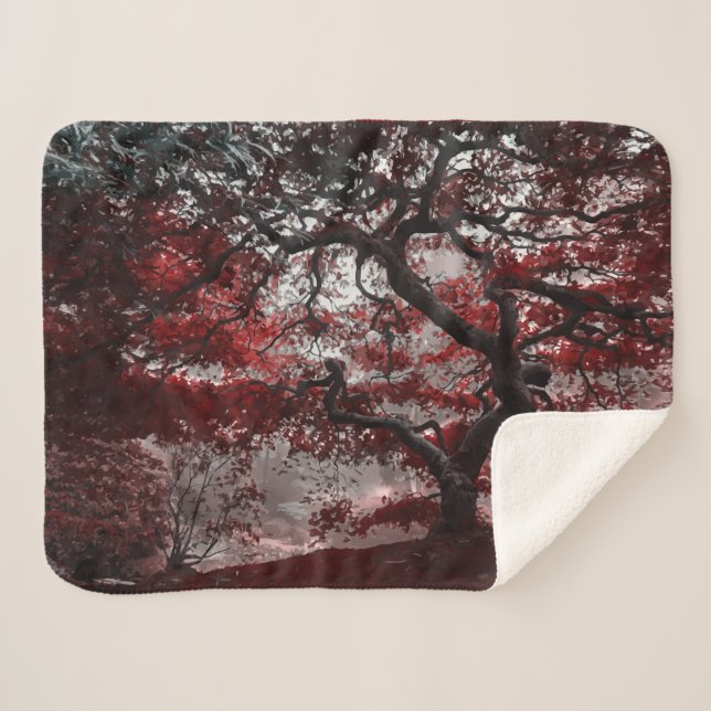 Couverture Sherpa Arbre rouge en fleurs de cerisiers (Devant (Horizontal))