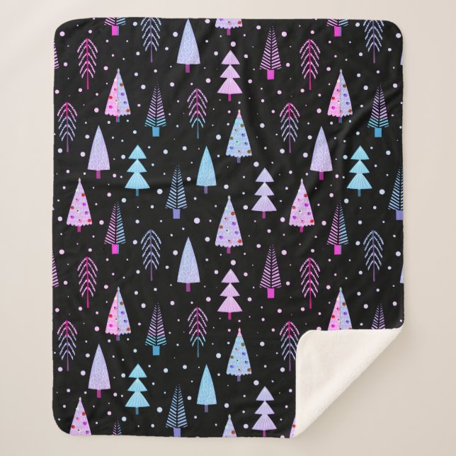 Couverture Sherpa Arbres de Noël modernes violet rose Motif noir (Devant)