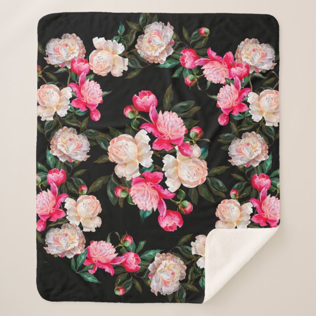 Couverture Sherpa Arrière - plan floral. Peonies rose et blanc sur u (Devant)