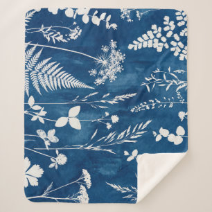 Couverture Sherpa Art botanique de fougère au cyanotype bleu indigo 