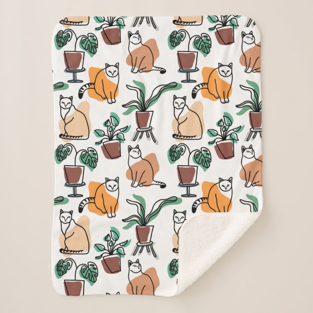 Couverture Sherpa Art de trait dessin chats et fleurs (Devant)