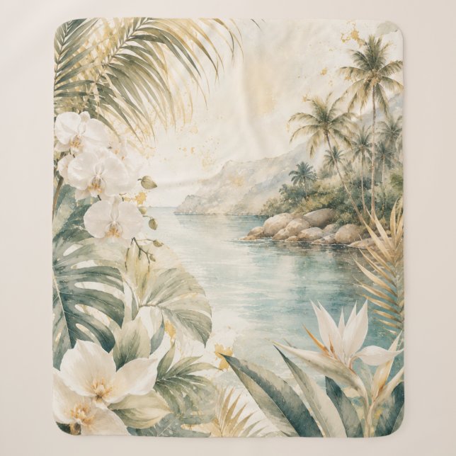 Couverture Sherpa Art mural aquarelle tropical luxueux côtier | (Devant)