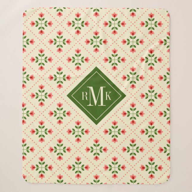 Couverture Sherpa Art populaire rose du monogramme | et vert floral (Devant)