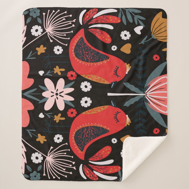 Couverture Sherpa Art populaire scandinave : Oiseaux colorés. (Devant)