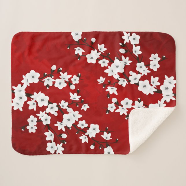 Couverture Sherpa Asie Floral blanc cerisier rouge (Devant (Horizontal))