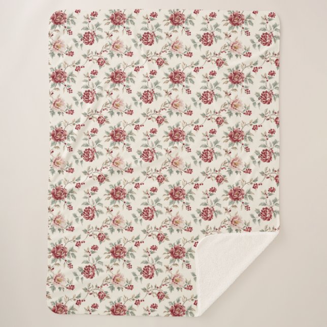 Couverture Sherpa Assez Chic Fleur Rouge Crème  (Devant)