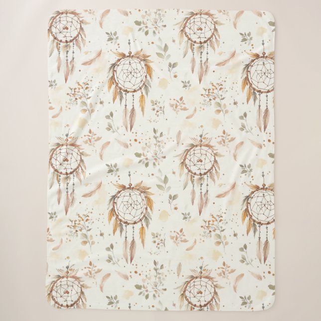 Couverture Sherpa Attrape-rêves plumes Boho crème (Devant)