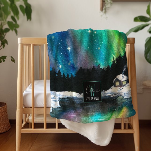 Couverture Sherpa Aurora Lumière du Nord Cabine d'hiver | Monogramme (Créateur téléchargé)