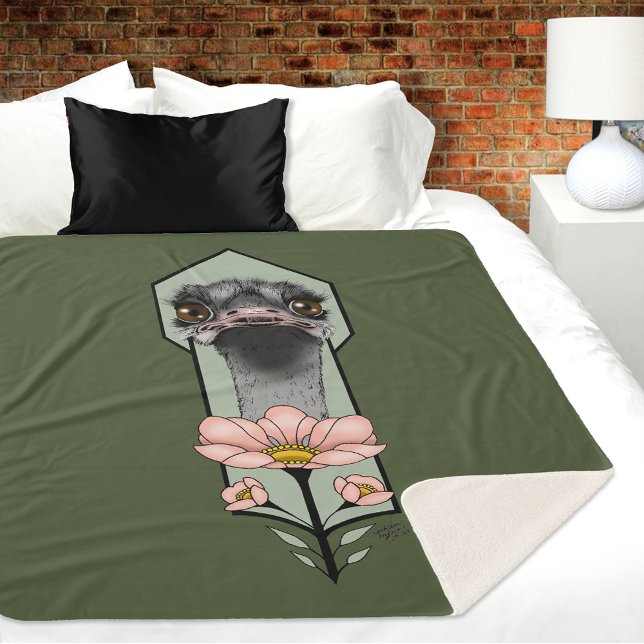 Couverture Sherpa Autruche Rose Fleurs Vert Olive Art Déco (Créateur téléchargé)