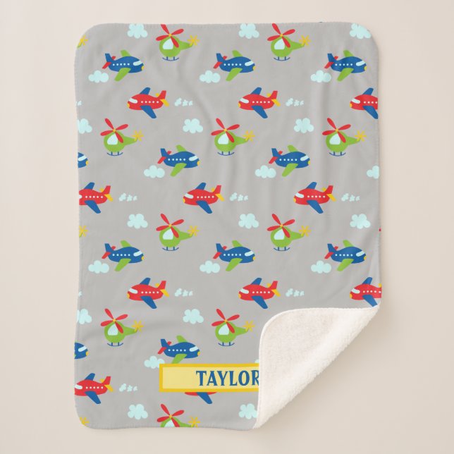 Couverture Sherpa Avions, Hélicoptères & Nuages Artwork Lt Grey, Nom (Devant)