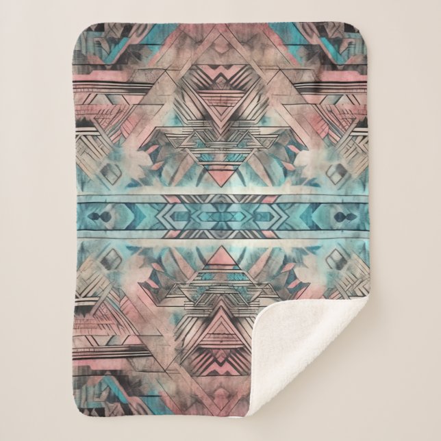 Couverture Sherpa Aztec Sud-Ouest Pastel Rose Et Bleu (Devant)