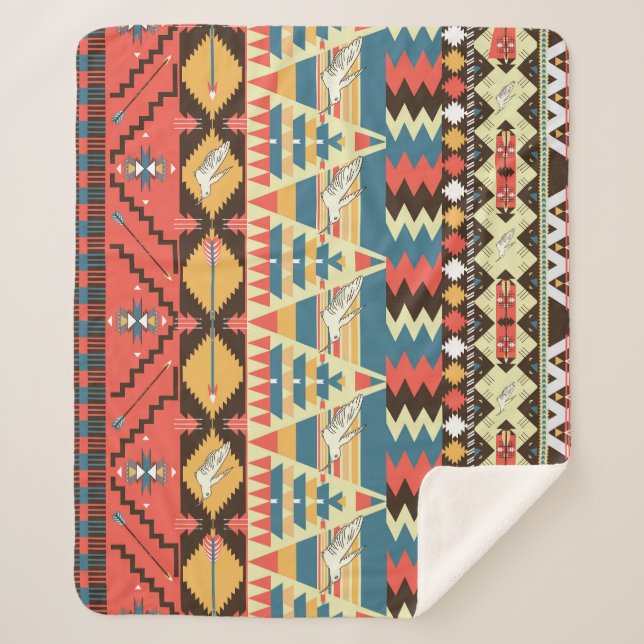 Couverture Sherpa Aztèque coloré : oiseaux, fleurs motif. (Devant)