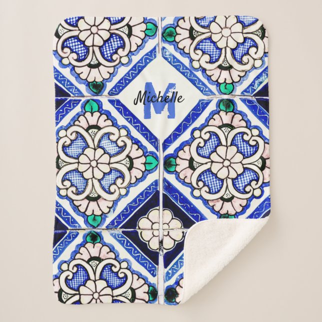 Couverture Sherpa Azulejo Motif espagnol Carreaux marine Monogramme  (Devant)