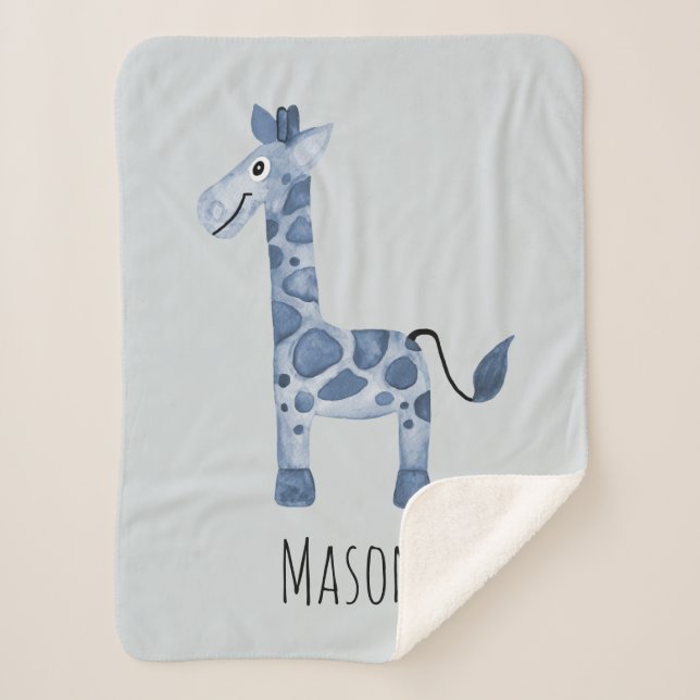 Couverture Sherpa Baby Boy's Cute Blue Safari Giraffe and Name (Devant)