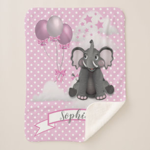 Couverture Sherpa Baby Girl Elephant Pois roses Nom des ballons