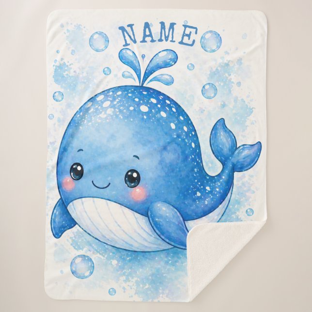 Couverture Sherpa Baleine bleue mignonne à l'aquarelle  (Devant)