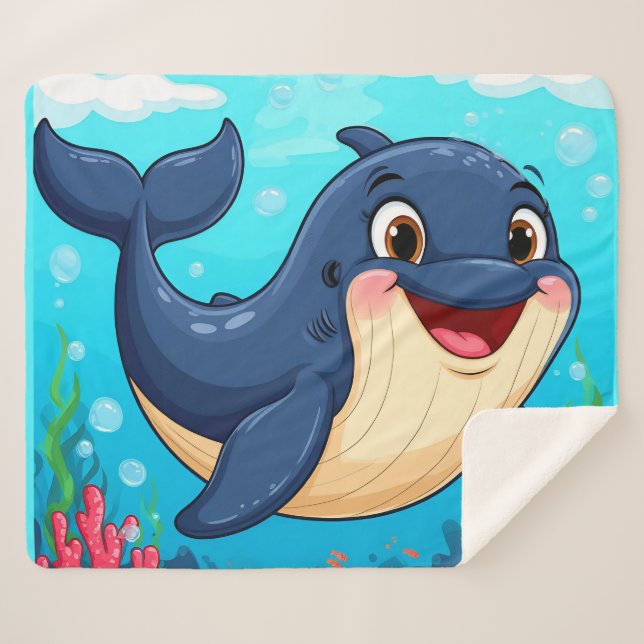Couverture Sherpa Baleine de dessin animé joyeuse nageant (Devant (Horizontal))