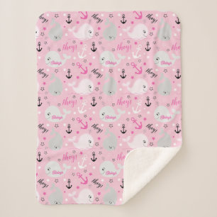Couverture Sherpa Baleines Ancres nautiques Soft rose Girl Baby Nurs